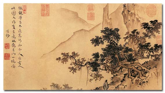 Ancient Chinese Painting rocks pine - Staré čínské malby skály borovice